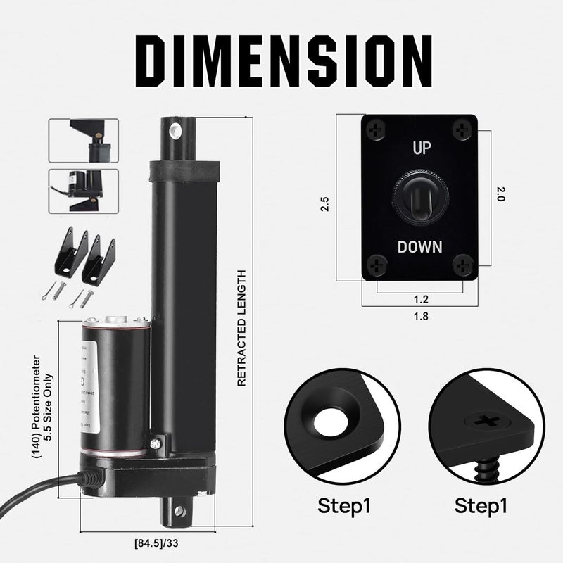 DC HOUSE 4 Inch (4") Stroke Linear Actuator 12V High Speed Actuator Motor 1000N with Brackets Mounting DC 12V Linear Actuator with Reverse Polarity Toggle Switch - Image 2